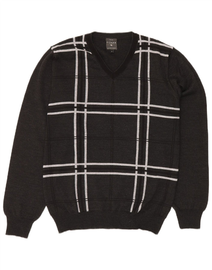 KITARO Мужской джемпер с v-образным вырезом, большой серый шерстяной свитер в клетку