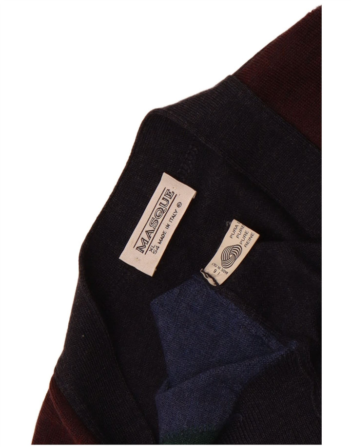 Винтажный мужской свитер-кардиган IT 54 XL Темно-синий, шерсть с цветными блоками