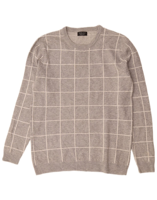 Zara Mens Crew Neck Jumper Sweater XL Grey Check Nylon