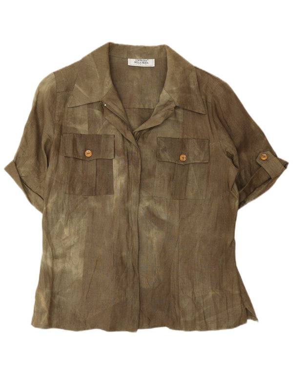 Винтажная женская блузка-рубашка с коротким рукавом UK 12, средний шелковый цвет хаки тай-дай