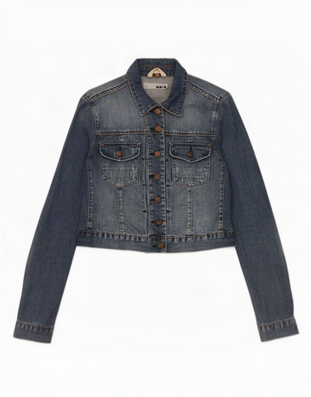 Женская укороченная джинсовая куртка Topshop UK 12, хлопок среднего синего цвета