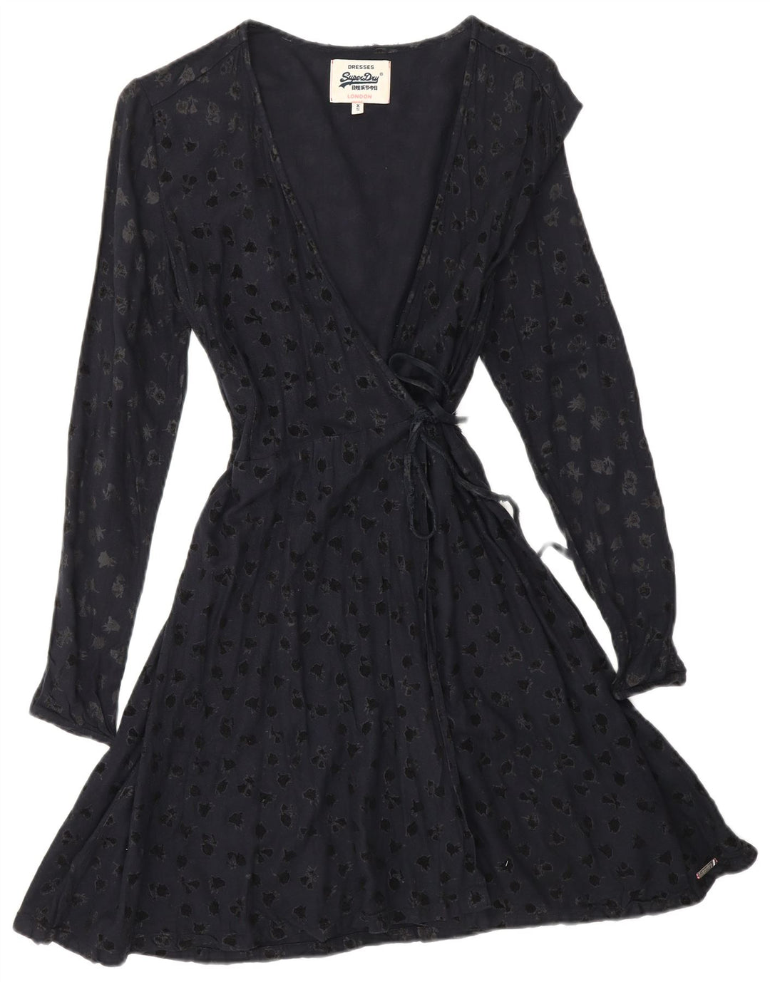 SUPERDRY Женское платье с запахом и длинными рукавами с абстрактным узором UK 6 XS Темно-синий