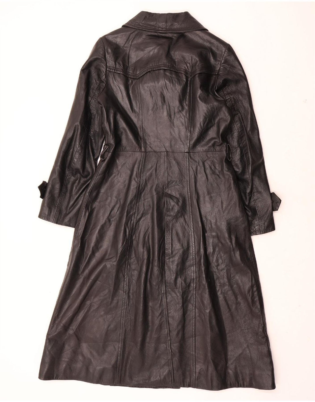 ВИНТАЖНОЕ Женское Кожаное Пальто UK 12 Среднее Черное Кожаное