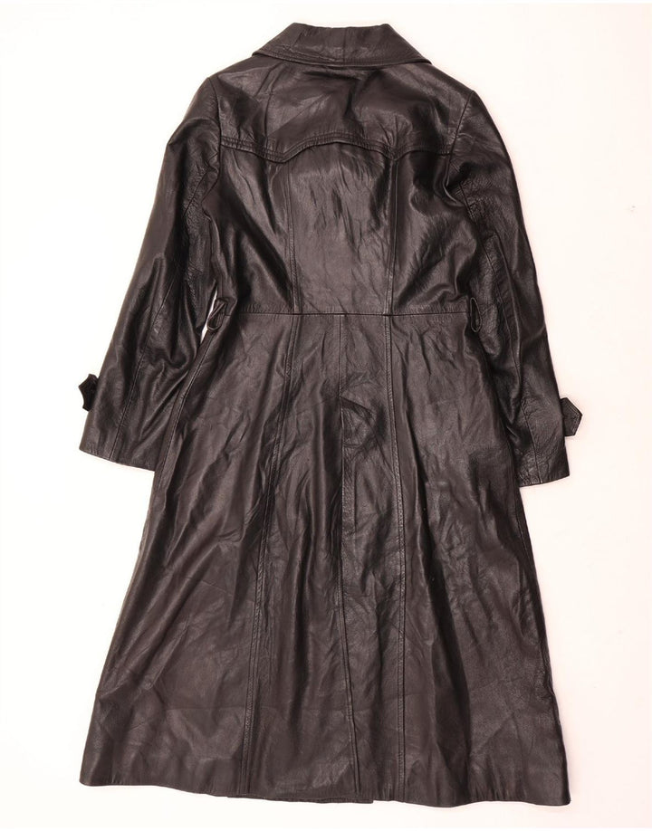 ВИНТАЖНОЕ Женское Кожаное Пальто UK 12 Среднее Черное Кожаное