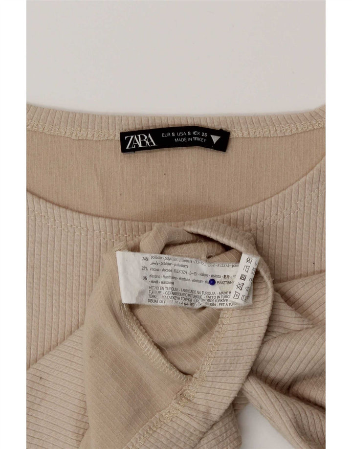 Женский укороченный топ Zara с длинным рукавом UK 8, маленький, бежевый, полиэстер