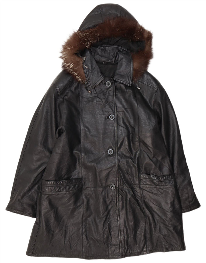 VINTAGE Женское кожаное пальто оверсайз с капюшоном IT 48 XL, черное кожаное