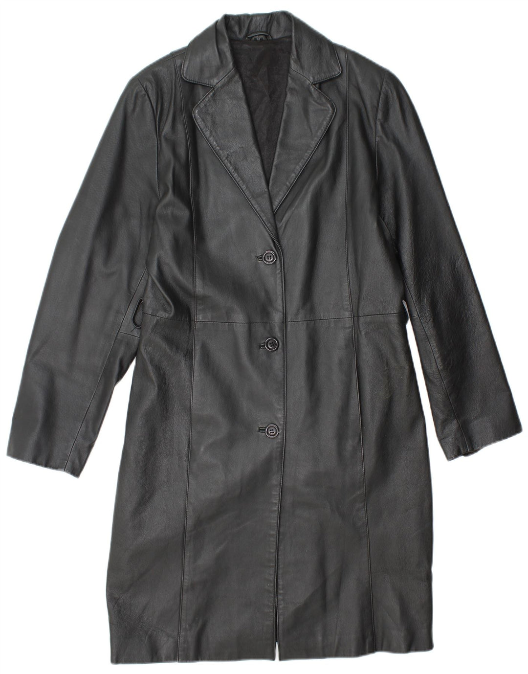 ВИНТАЖНОЕ Женское Кожаное Пальто UK 14 Среднее Черное Кожаное