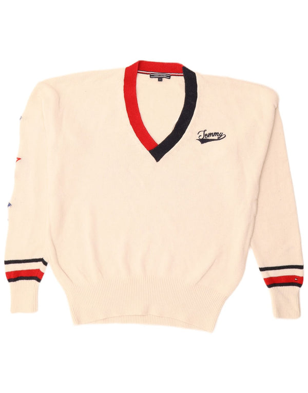 Мужской джемпер с v-образным вырезом Tommy Hilfiger, средний хлопковый джемпер белого цвета