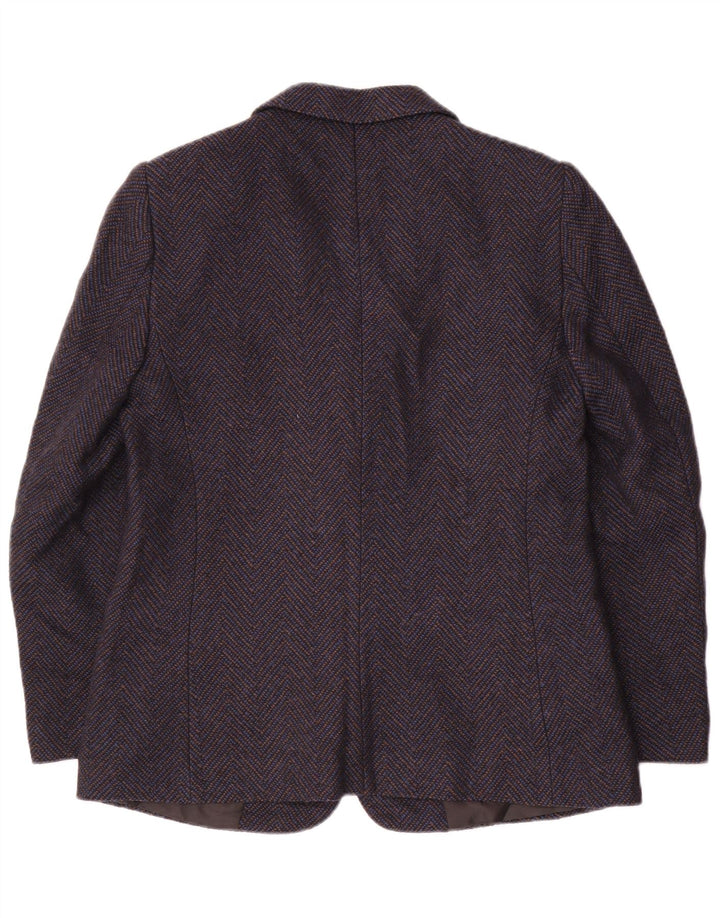 Винтажный женский пиджак на 2 пуговицах, Великобритания 14, средний темно-синий, шерстяной с шевроном