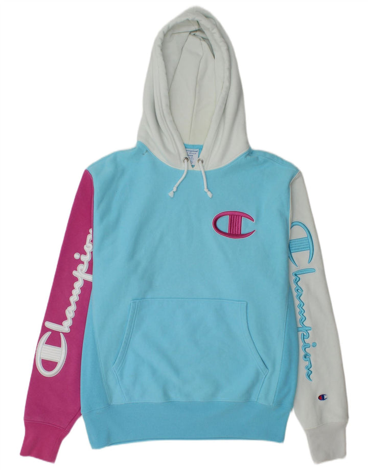 CHAMPION Mens Reverse Weave Graphic Hoodie Jumper Medium Blue Colourblock