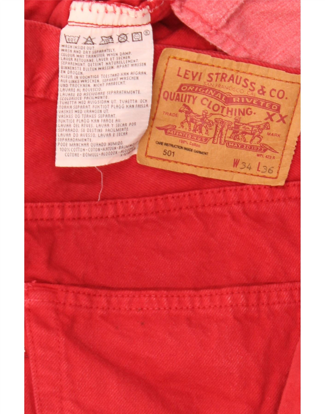 Мужские прямые джинсы Levi's 501 W34 L31 красные хлопковые