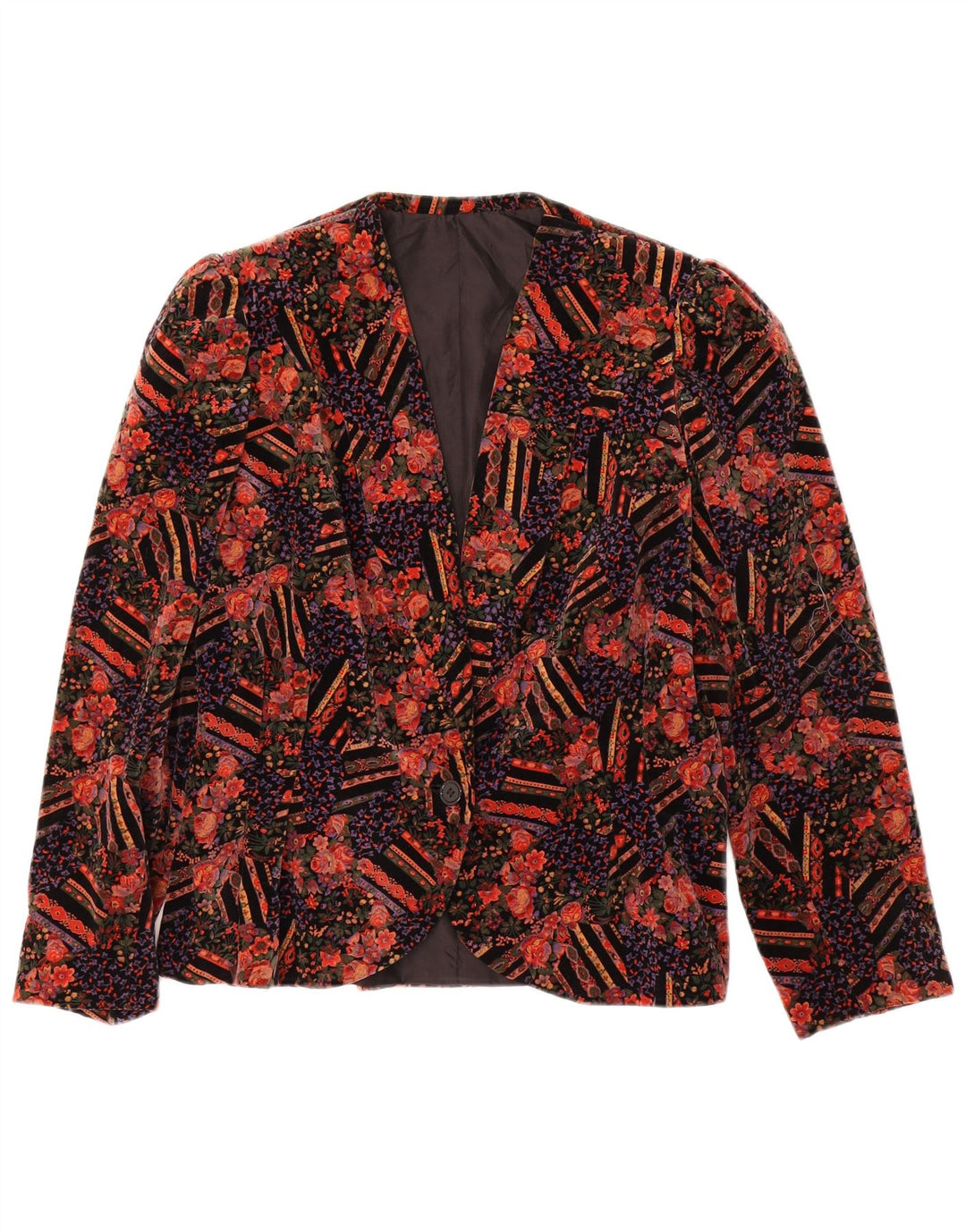 ВИНТАЖНЫЙ женский бархатный пиджак на 1 пуговице, Великобритания 14, средний красный с цветочным принтом