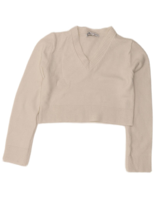Женский укороченный джемпер с v-образным вырезом Zara UK 12, средний белый вискоза