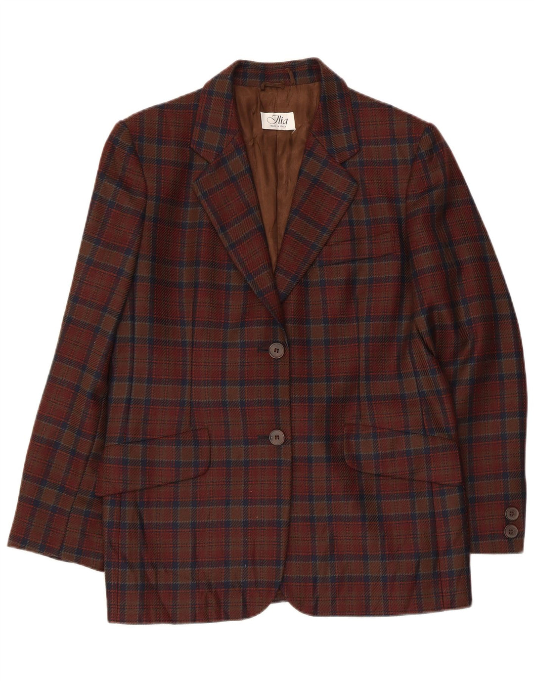 ВИНТАЖНЫЙ женский пиджак на 2 пуговицах IT 44, средний коричневый цвет в клетку из натуральной шерсти