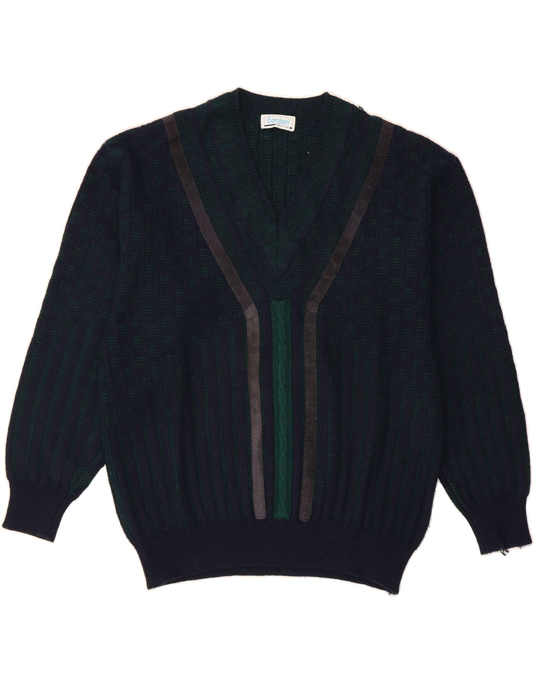 GORDON Mens V-Neck Jumper Sweater Medium Navy Blue Striped Vintage Gordon and Second-Hand Gordon from Messina Hembry 