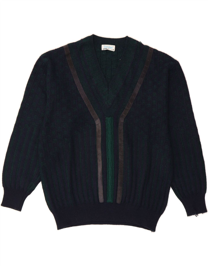 GORDON Mens V-Neck Jumper Sweater Medium Navy Blue Striped Vintage Gordon and Second-Hand Gordon from Messina Hembry 