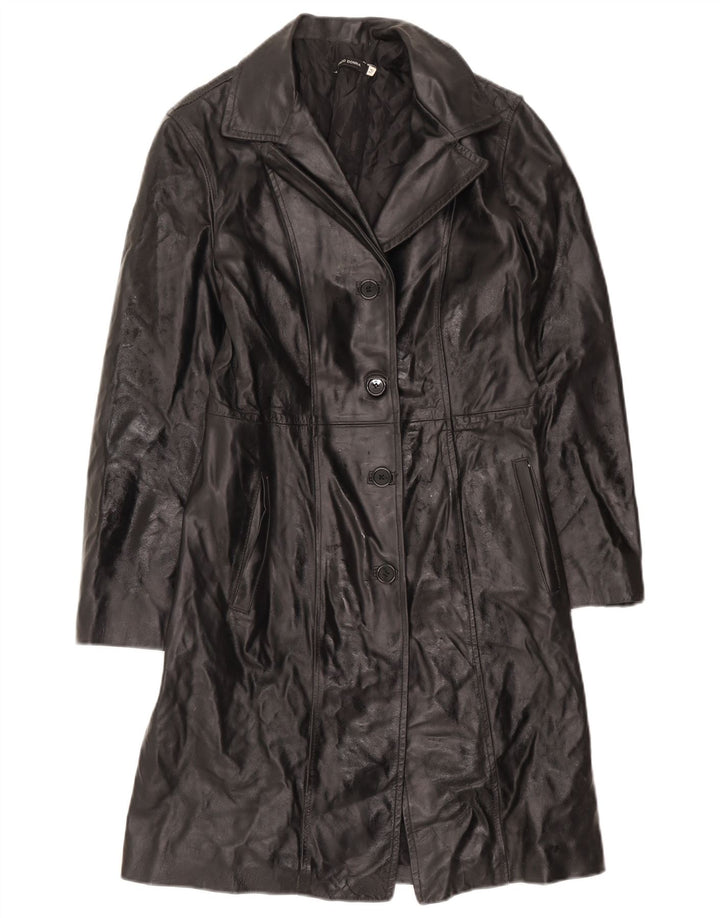 Винтажное женское кожаное пальто UK 12, среднее черное кожаное