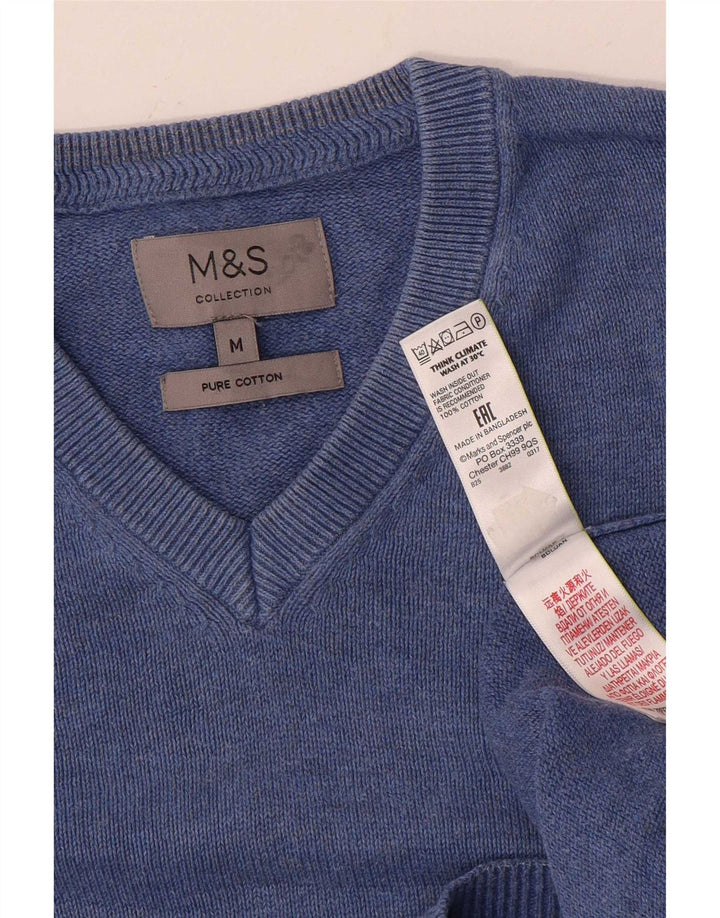 Мужской джемпер с v-образным вырезом Marks & Spencer, средний синий хлопковый свитер