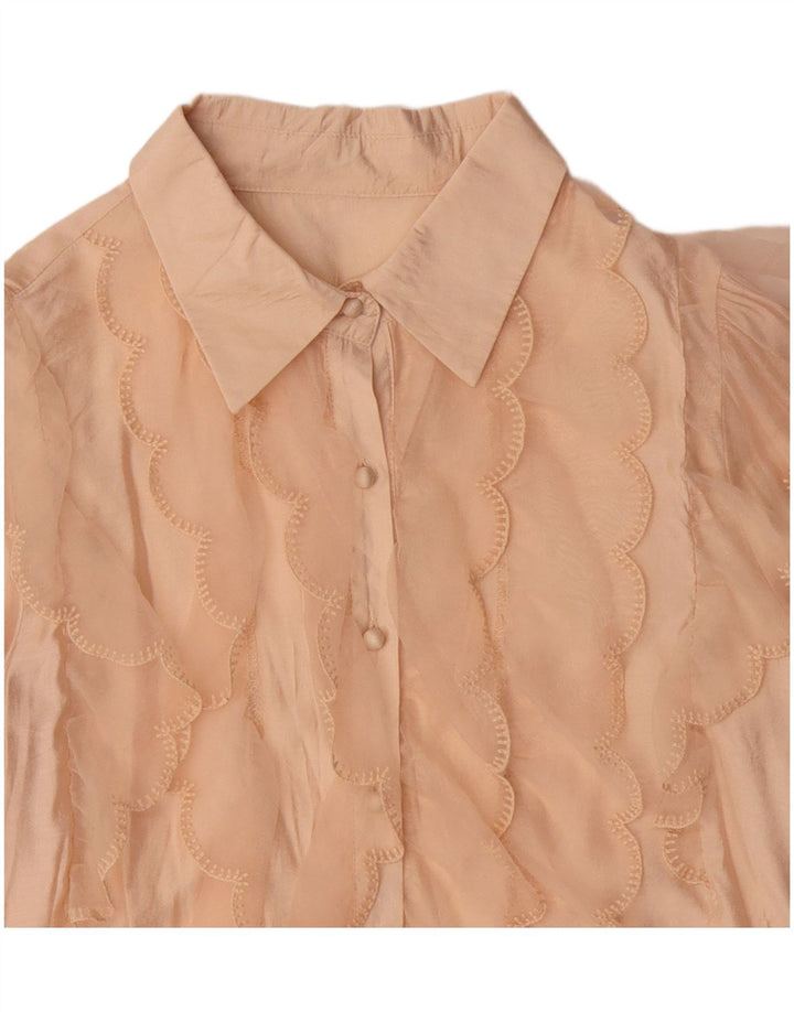 Винтажная женская укороченная блузка-рубашка с рюшами спереди, Великобритания 14, средний бежевый вискозный цвет
