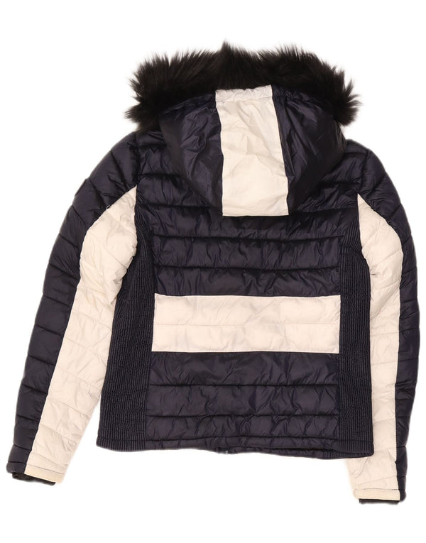 Женская утепленная куртка с капюшоном Superdry UK 14, большая темно-синяя с цветными блоками
