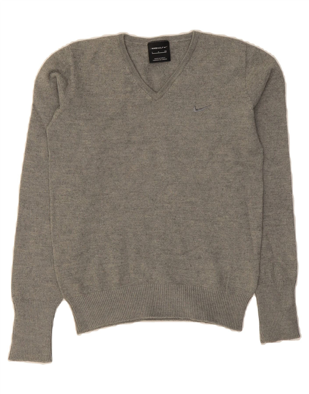 NIKE Womens V-Neck Jumper Sweater UK 10 Small Grey Polyester Vintage Nike and Second-Hand Nike from Messina Hembry 