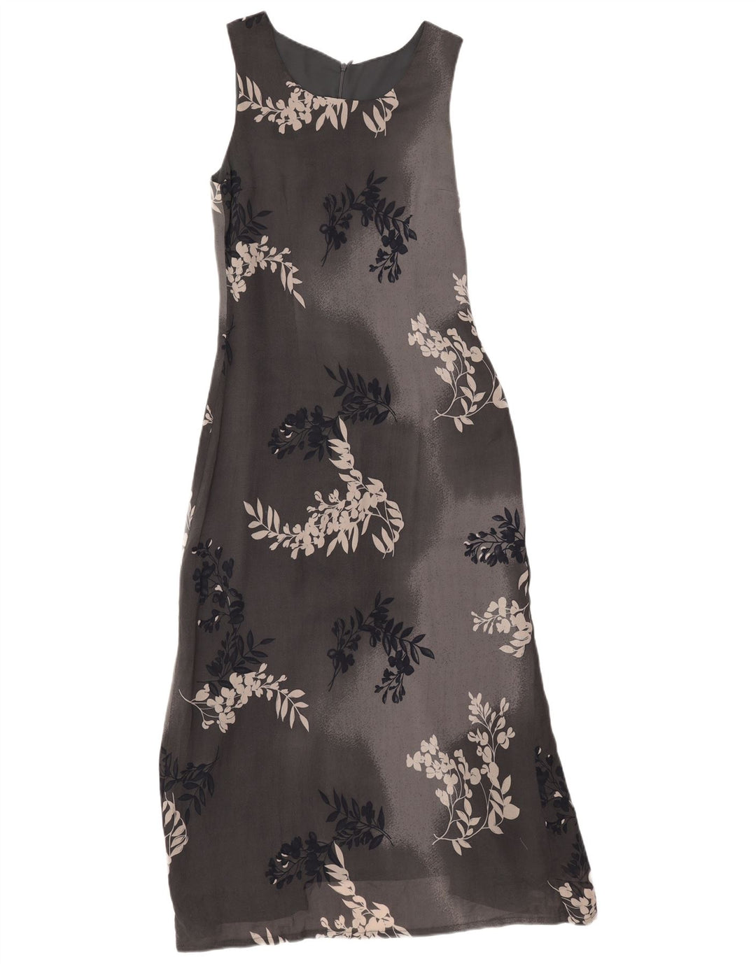 Винтажное женское платье макси без рукавов, Великобритания 12, средний серый цвет с цветочным принтом