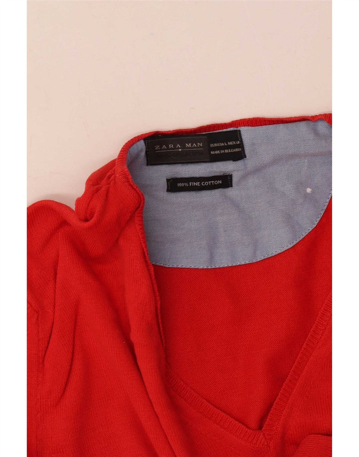 Мужской джемпер с v-образным вырезом Zara, большой красный хлопковый свитер