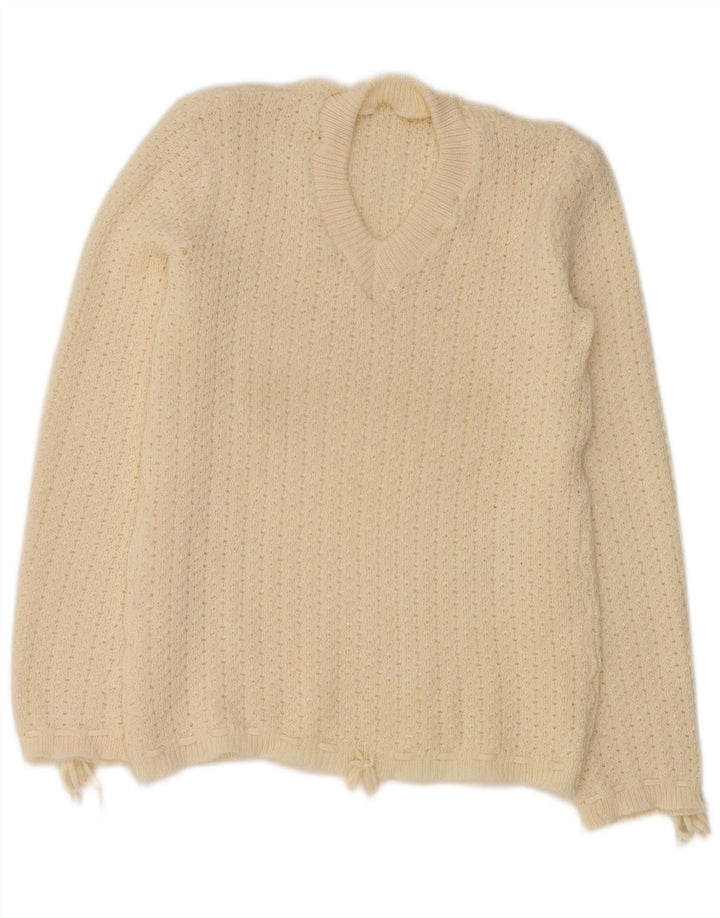 ВИНТАЖНЫЙ женский джемпер с v-образным вырезом, Великобритания 12, средний, белый цвет