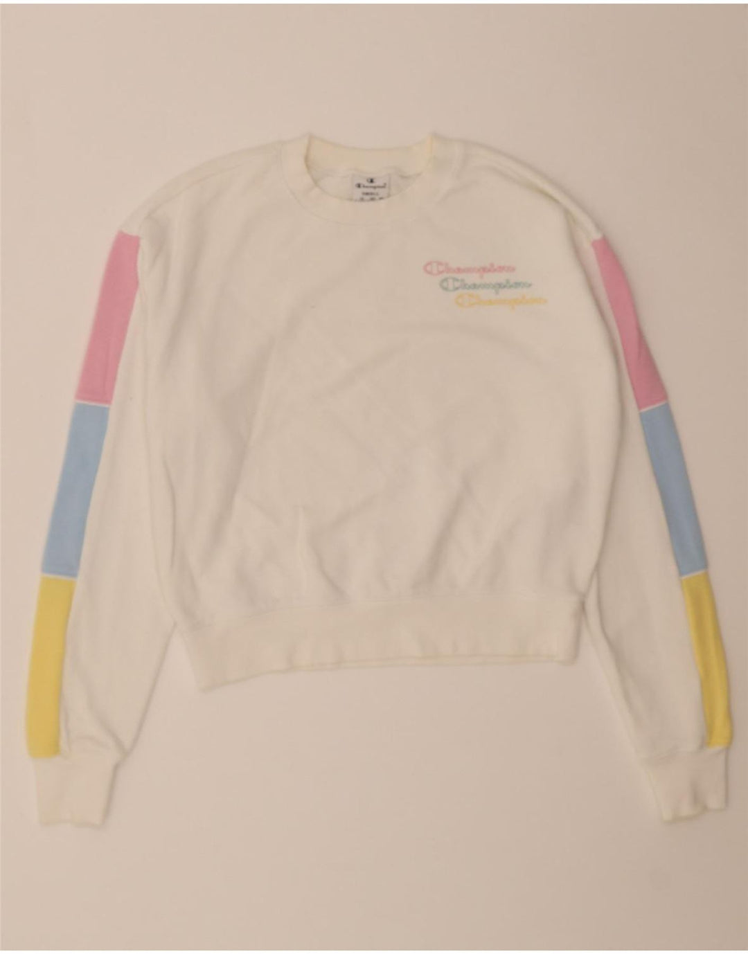 CHAMPION Womens Oversized Sweatshirt Jumper UK 10 Small White Colourblock Vintage Champion and Second-Hand Champion from Messina Hembry 