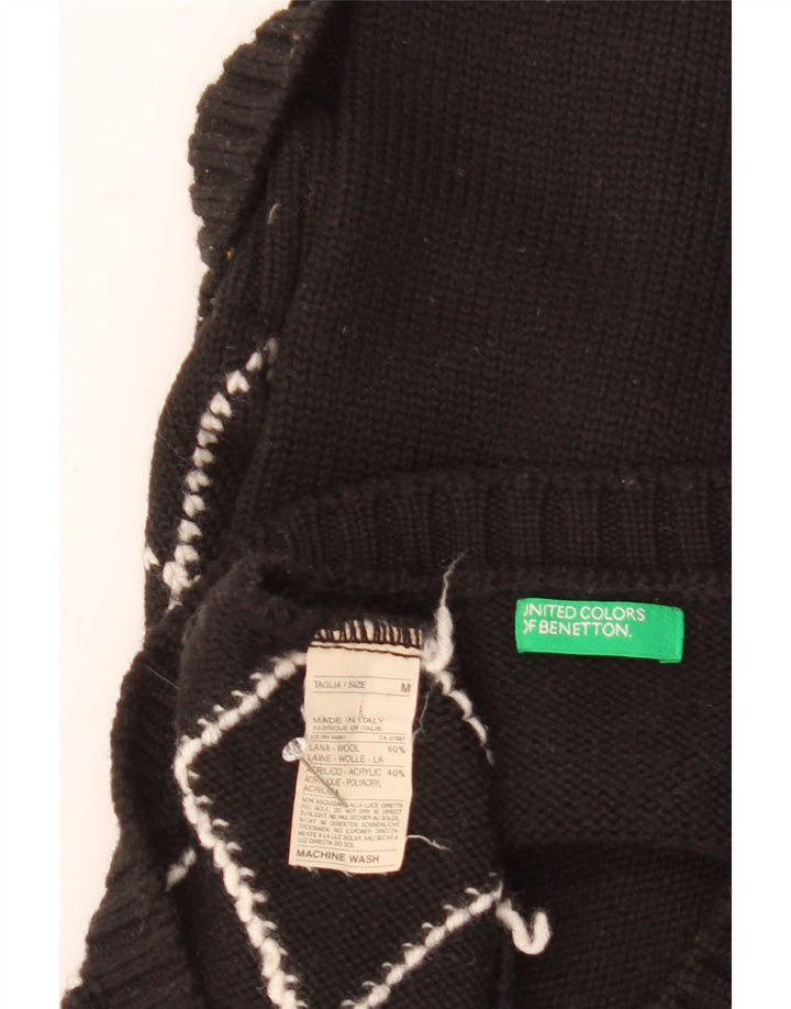 Женский джемпер с v-образным вырезом Benetton UK 12, средний, черный с узором аргайл/бриллиант