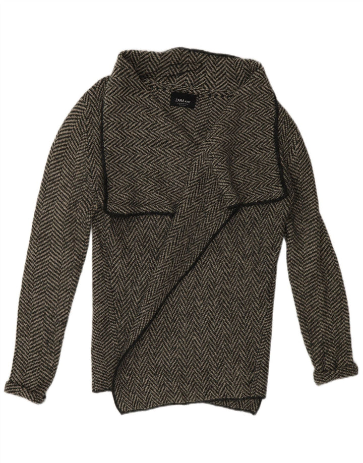 Женский открытый кардиган Zara UK 14, средний серый акрил с рисунком «елочка»