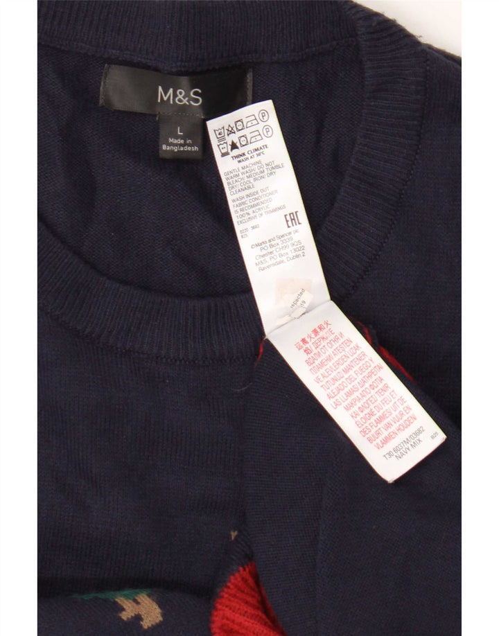 Мужской джемпер с круглым вырезом Marks & Spencer, большой темно-синий с жаккардовым узором