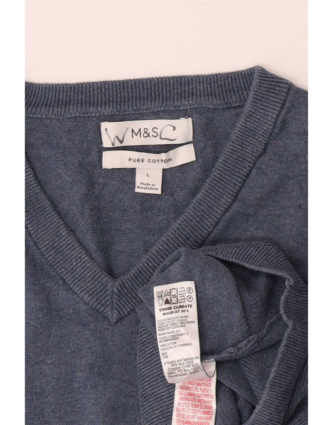 Мужской джемпер с v-образным вырезом Marks & Spencer, большой синий хлопковый свитер