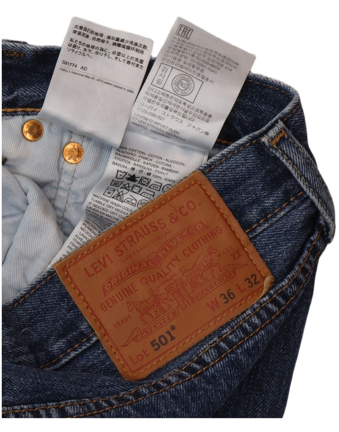 Мужские прямые джинсы Levi's 501 W36 L32 синие, хлопок