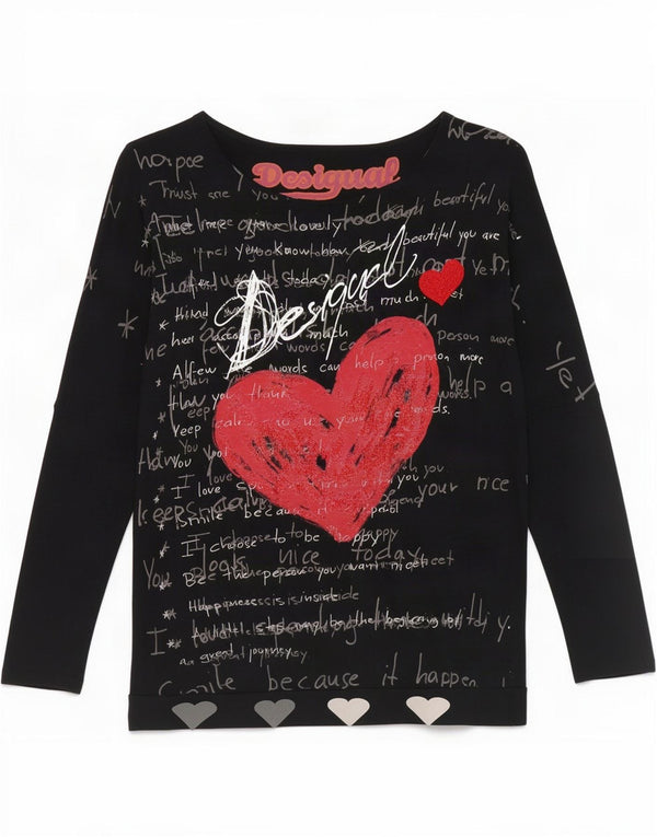Женский оверсайз-топ с рисунком Desigual, рукав 3/4, UK 14, средний черный, вискоза
