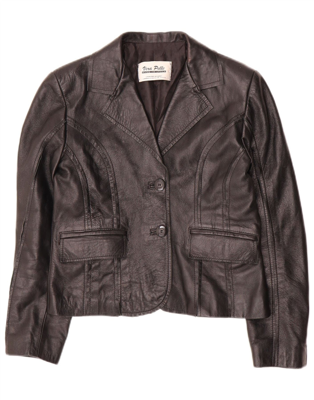 ВИНТАЖНЫЙ женский укороченный пиджак на 2 пуговицах IT 42, средний черный кожаный