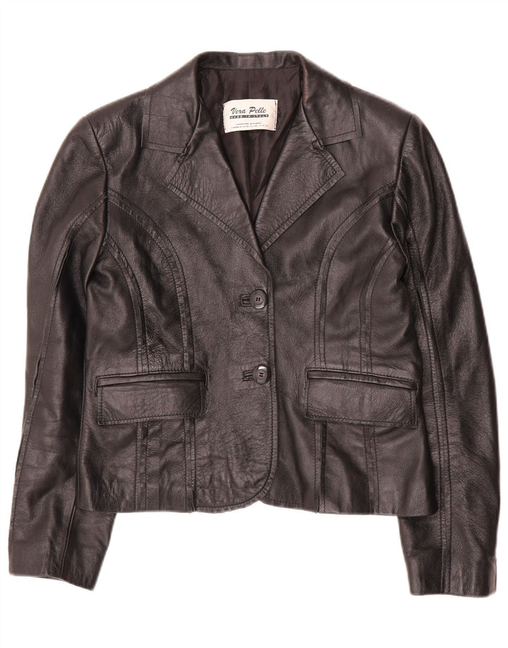 ВИНТАЖНЫЙ женский укороченный пиджак на 2 пуговицах IT 42, средний черный кожаный