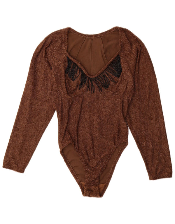 Винтажное женское боди с длинным рукавом UK 12, средний коричневый полиамид