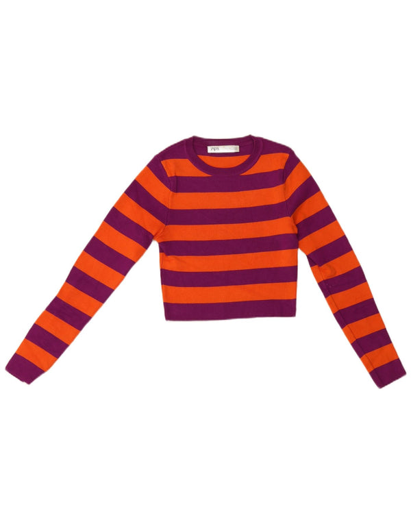 Zara Womens Crop Boat Neck Jumper Sweater UK 8 Small Purple Striped Viscose