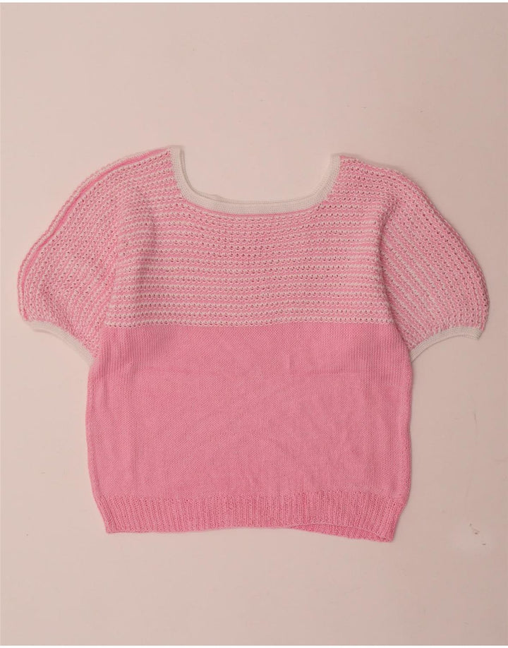 Винтажный женский джемпер с вырезом «лодочка», Великобритания, 12, средний розовый в полоску