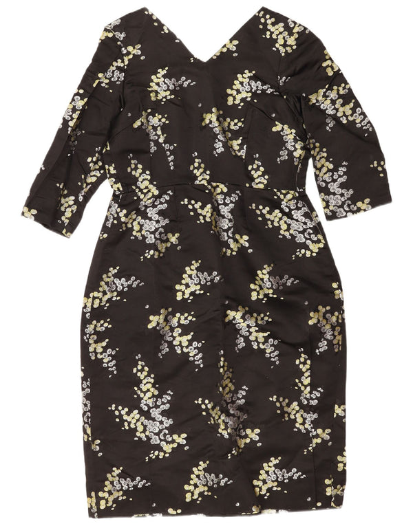Винтажное женское платье-футляр с рукавом 3/4, Великобритания 14, средний черный с цветочным принтом
