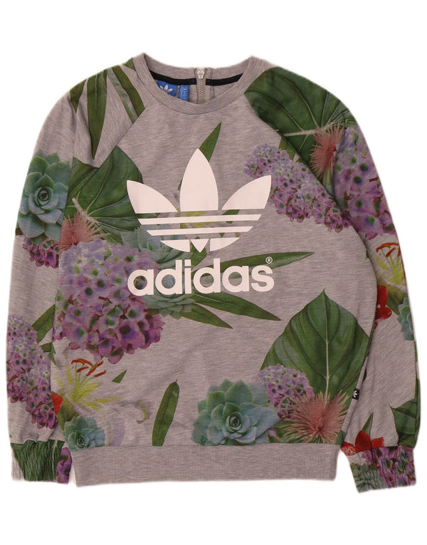 Женский джемпер оверсайз с рисунком Adidas UK 12, средний серый с цветочным принтом