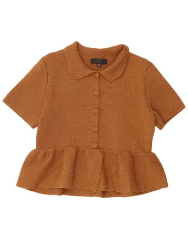 Женский кардиган с короткими рукавами Zara UK 14, большой коричневый хлопок