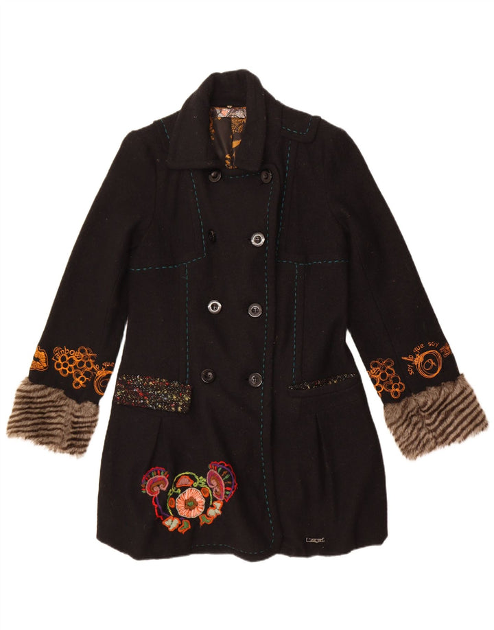 Desigual Womens Graphic Double Breasted Coat EU 40 Medium Black Floral