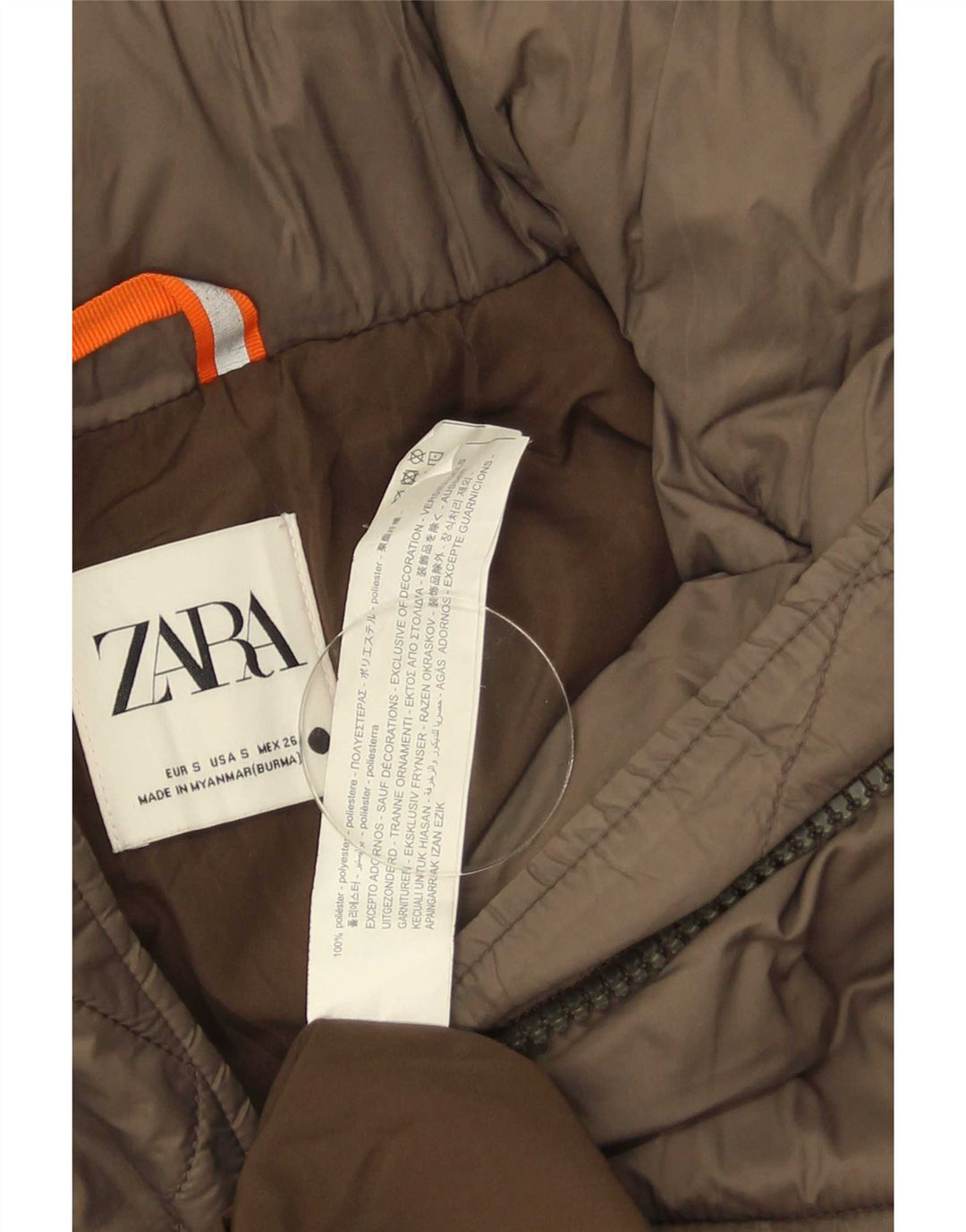 Женское длинное стеганое пальто с капюшоном Zara UK 10, маленький коричневый полиэстер