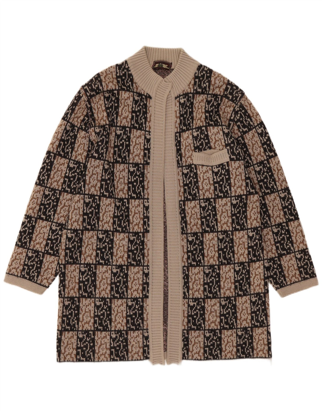 VINTAGE Женский длинный открытый кардиган-свитер IT 44 Средне-коричневый с геометрическим рисунком