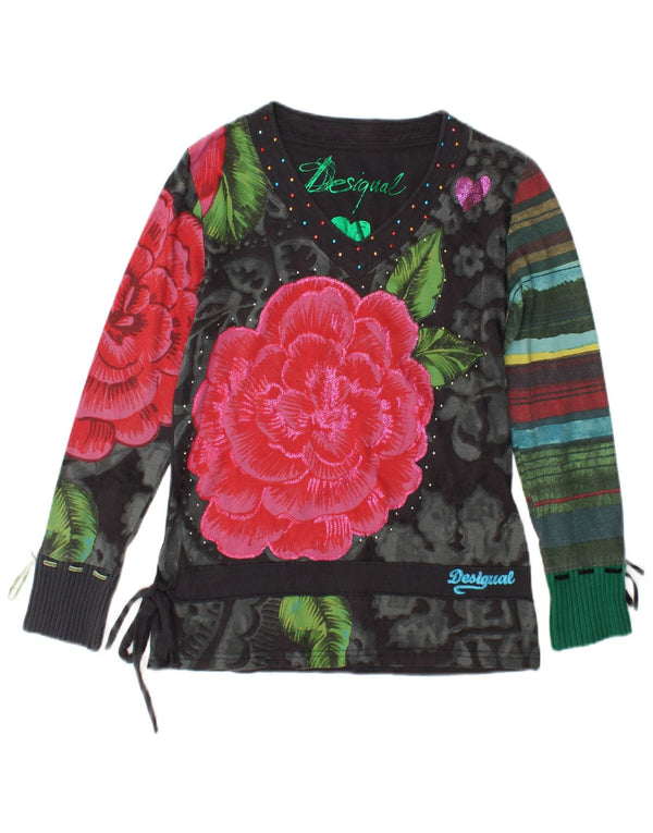 Женский топ Desigual с длинным рукавом и рисунком, Великобритания 14, средний черный с цветочным принтом