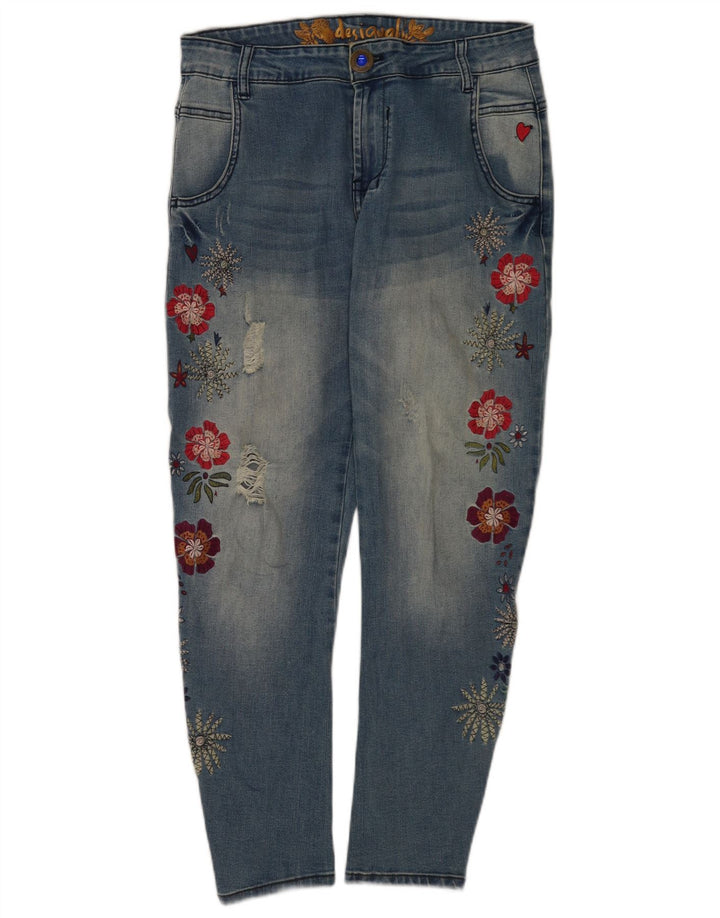 Женские потертые узкие джинсы Desigual W26 L26 синие с цветочным принтом