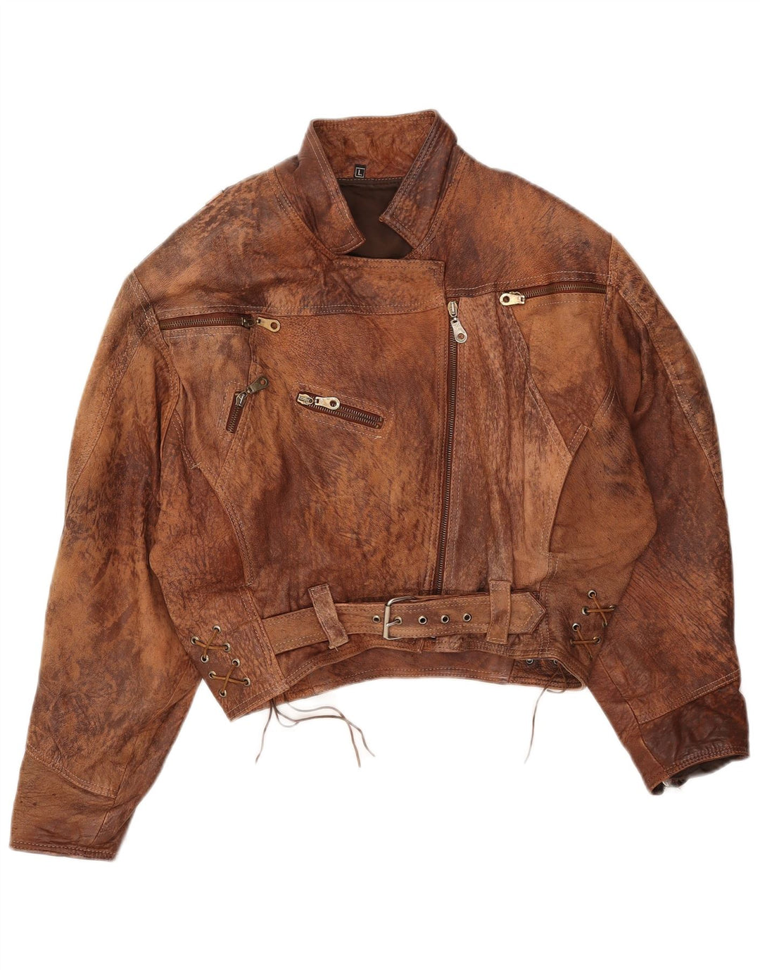 Винтажная женская укороченная кожаная куртка UK 16, большая коричневая