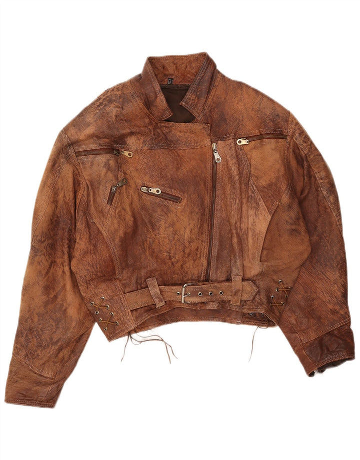 Винтажная женская укороченная кожаная куртка UK 16, большая коричневая